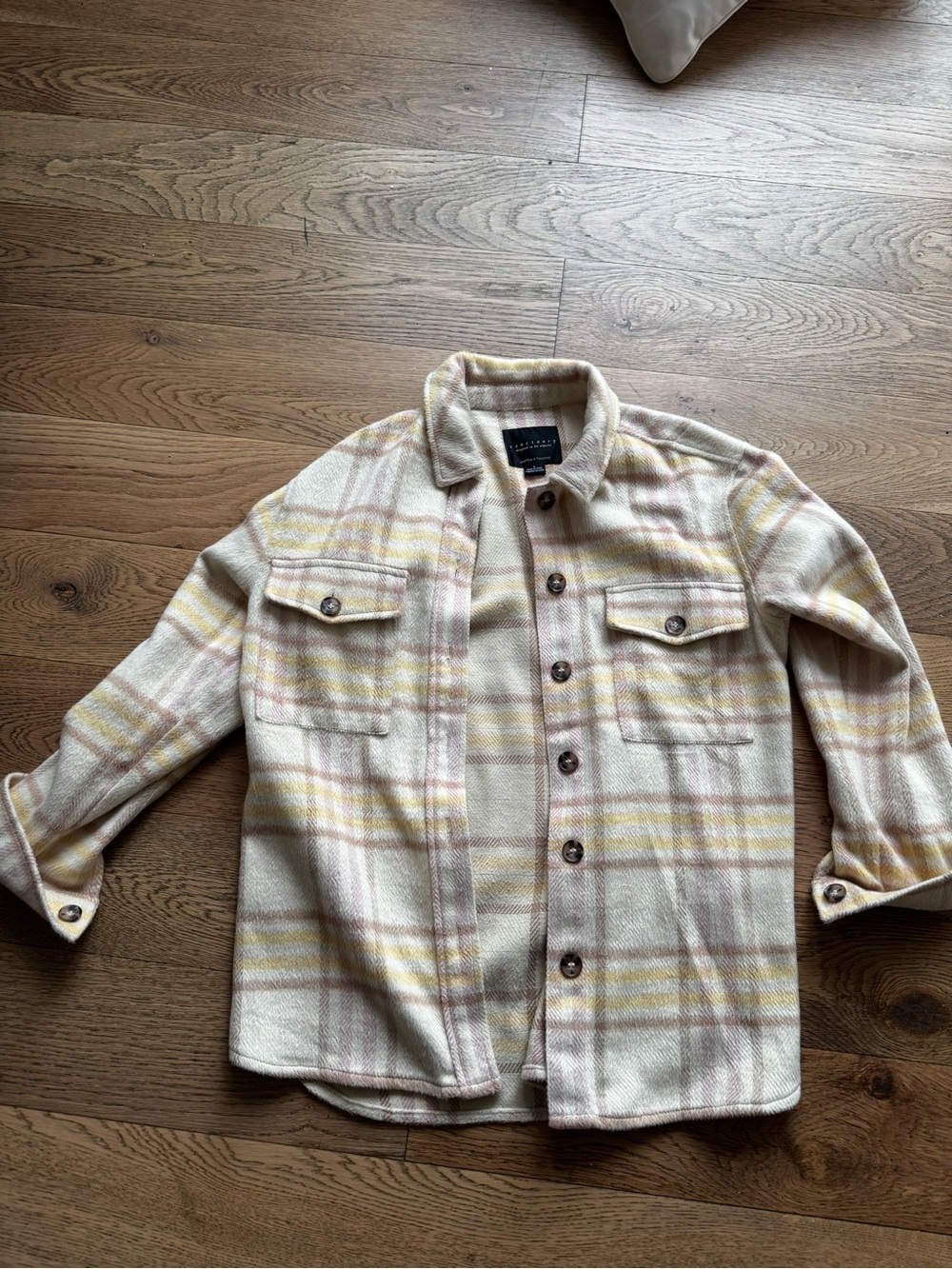 Sanctuary Cream Plaid Button-Up Shacket with Yellow and Taupe Stripes